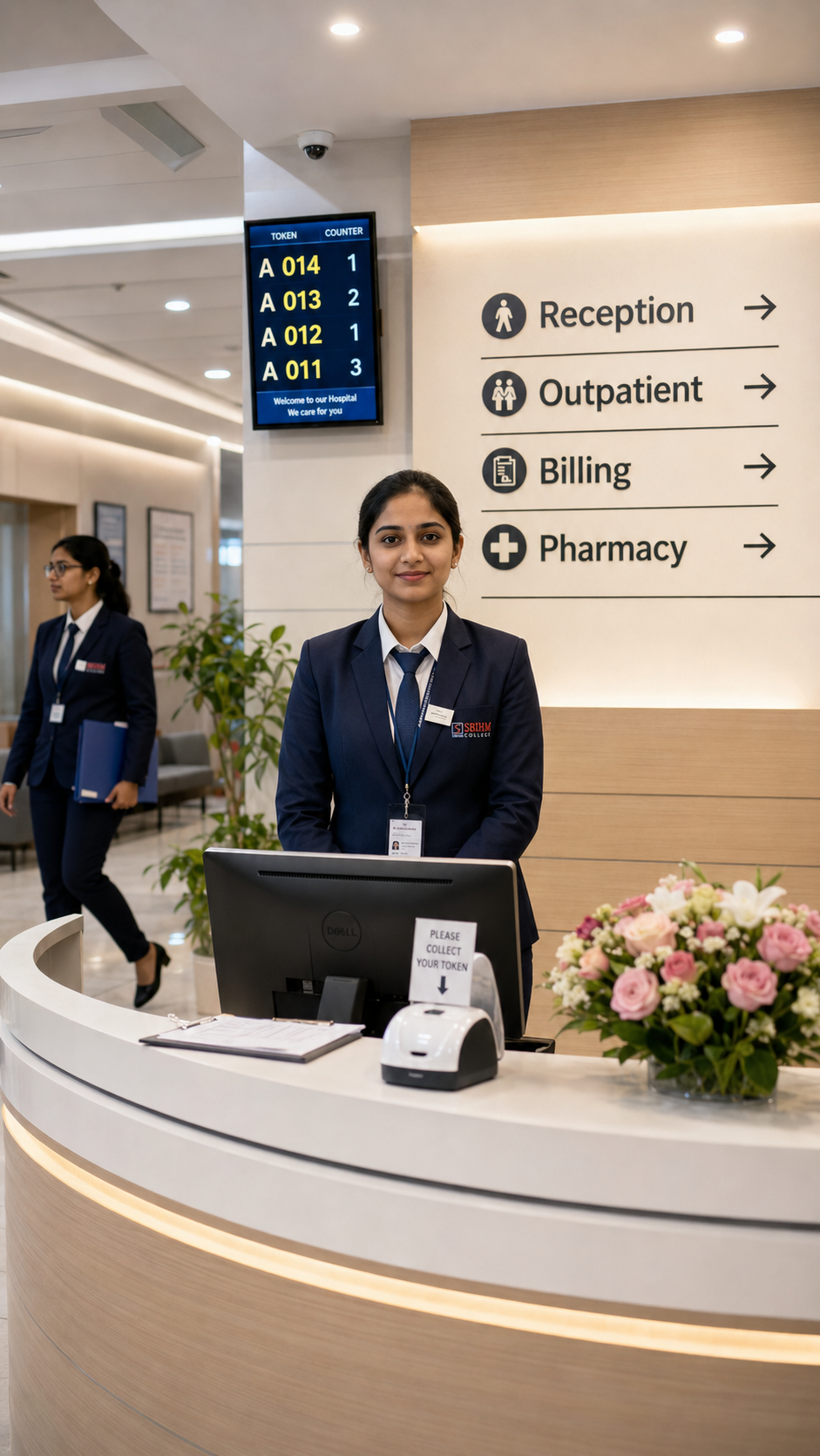SBIHM hospital reception training area with a token-queue display and wayfinding signage where students practise patient admission