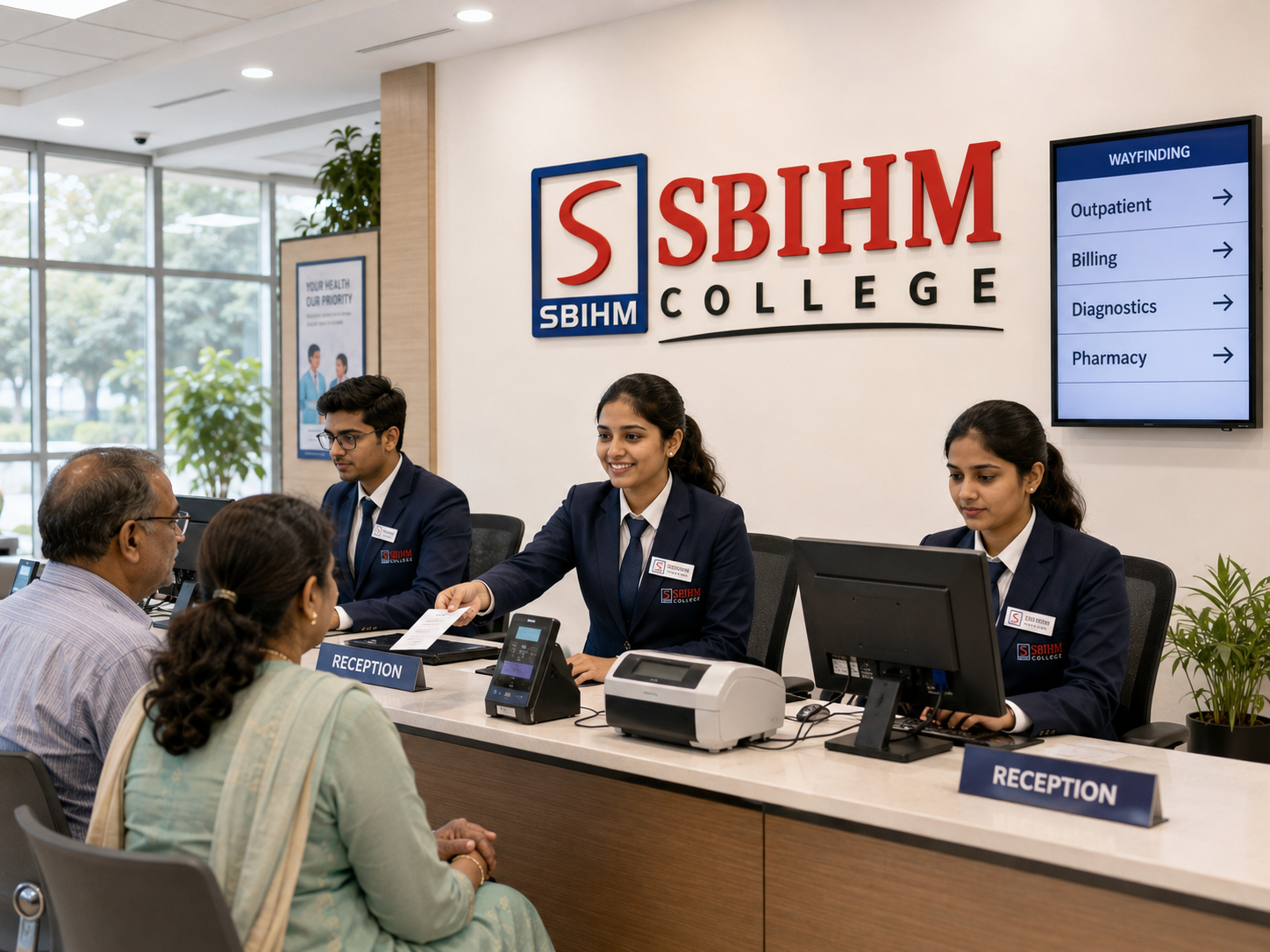 SBIHM students at a training reception desk assisting patients with registration and billing queries