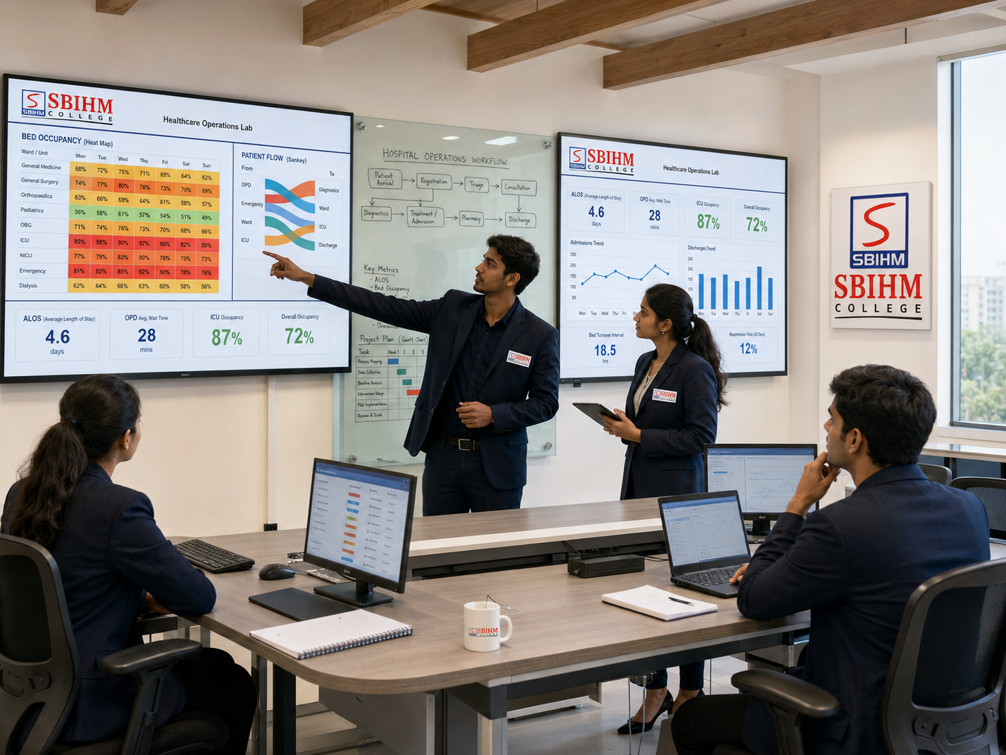 SBIHM Healthcare Operations Lab where students analyse bed-occupancy and patient-flow dashboards