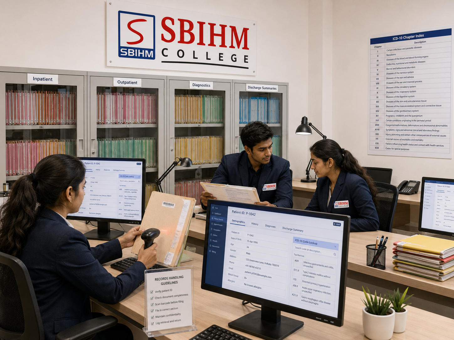 SBIHM medical records training room where students practise patient file handling and ICD-10 coding