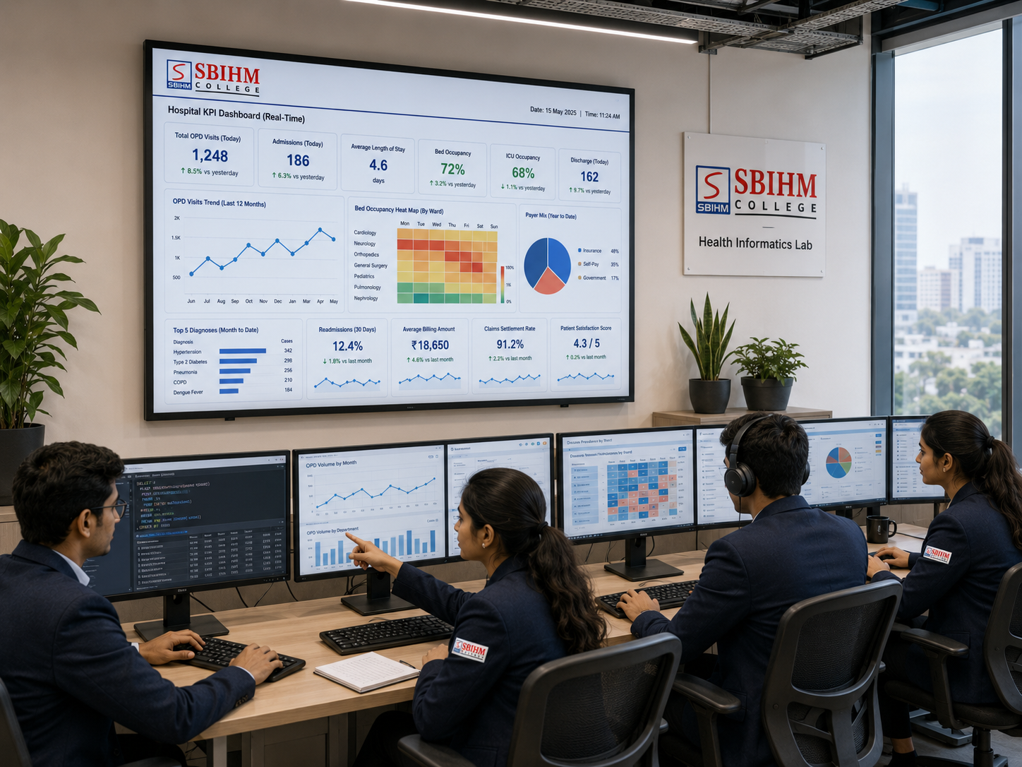 SBIHM Health Informatics Lab with a hospital KPI dashboard used for student training